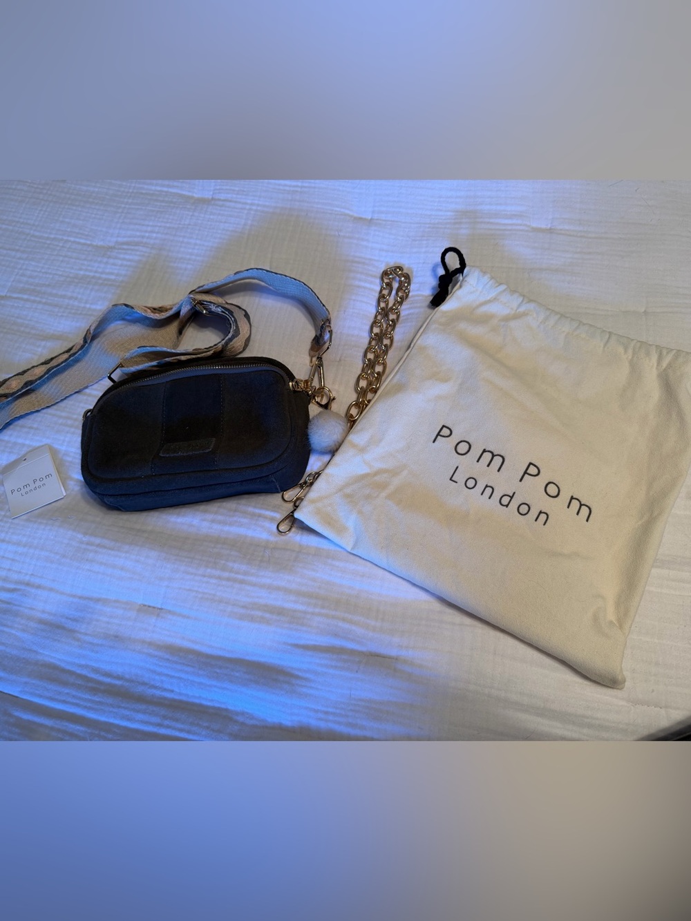 Pom Pom of London Grey Suede Bag with two straps.